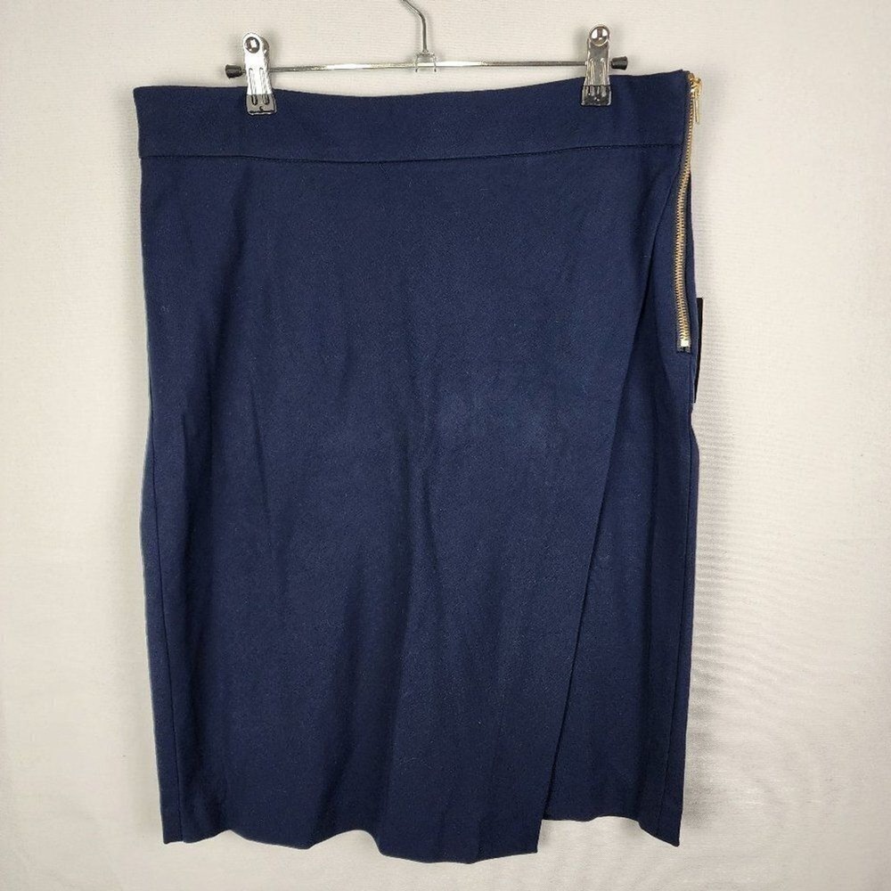 Premise Studio Navy Blue Asymmetrical Wrap Pencil Skirt Gold Side Zip Size 10